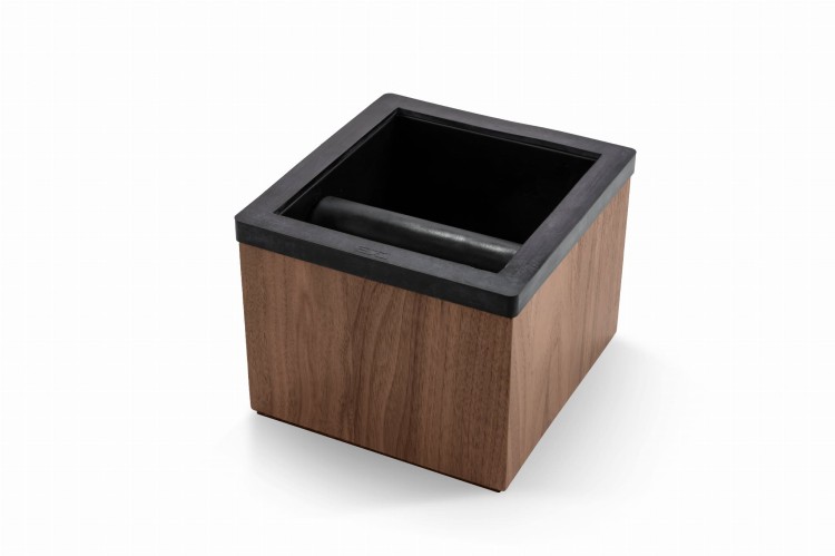 Wybijak EDO Canaletto Walnut knock base — widok z tyłu, panel z drewna orzechowego, czarne gumowe obrzeże