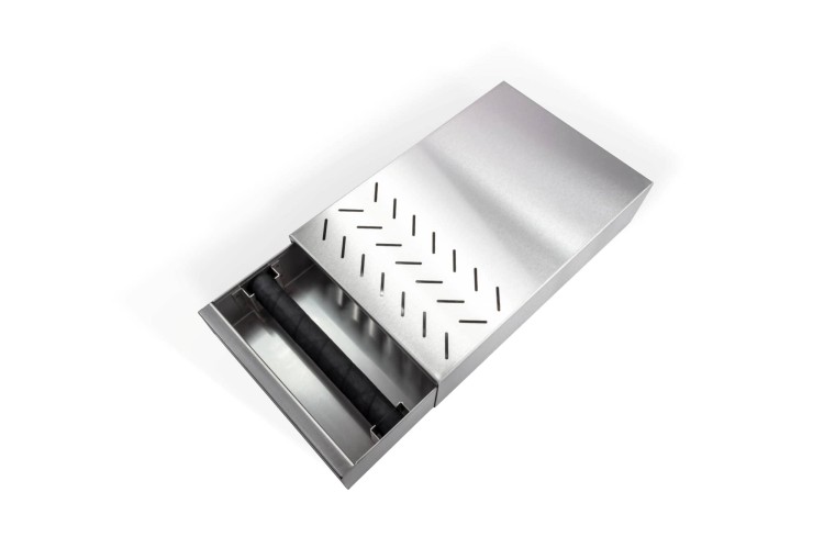 Knockbox ze stali nierdzewnej — ujęcie z góry na wysuniętą szufladę i belkę do wybijania