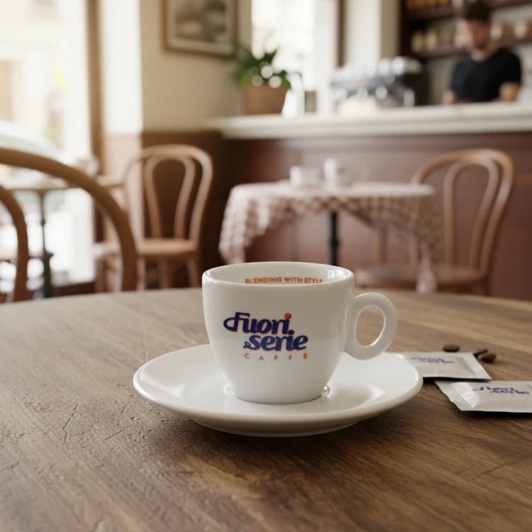 Biała porcelanowa filiżanka do espresso 70ml ze spodkiem Fuoriserie Caffè stojąca na drewnianym stoliku w kawiarni.
