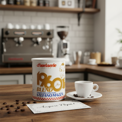 Włoska kawa ziarnista Fuoriserie Caffè Serie 1960 by Stefano Mazza 250g w puszce obok filiżanki espresso na Dzień Ojca.