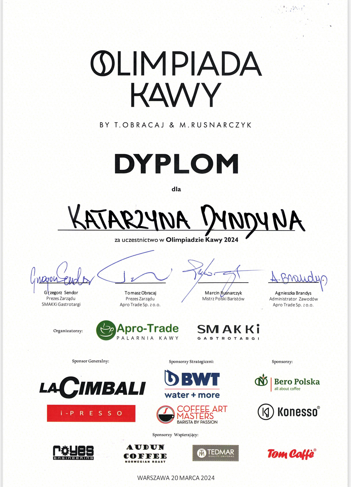 Dyplom Olimpiada Kawy