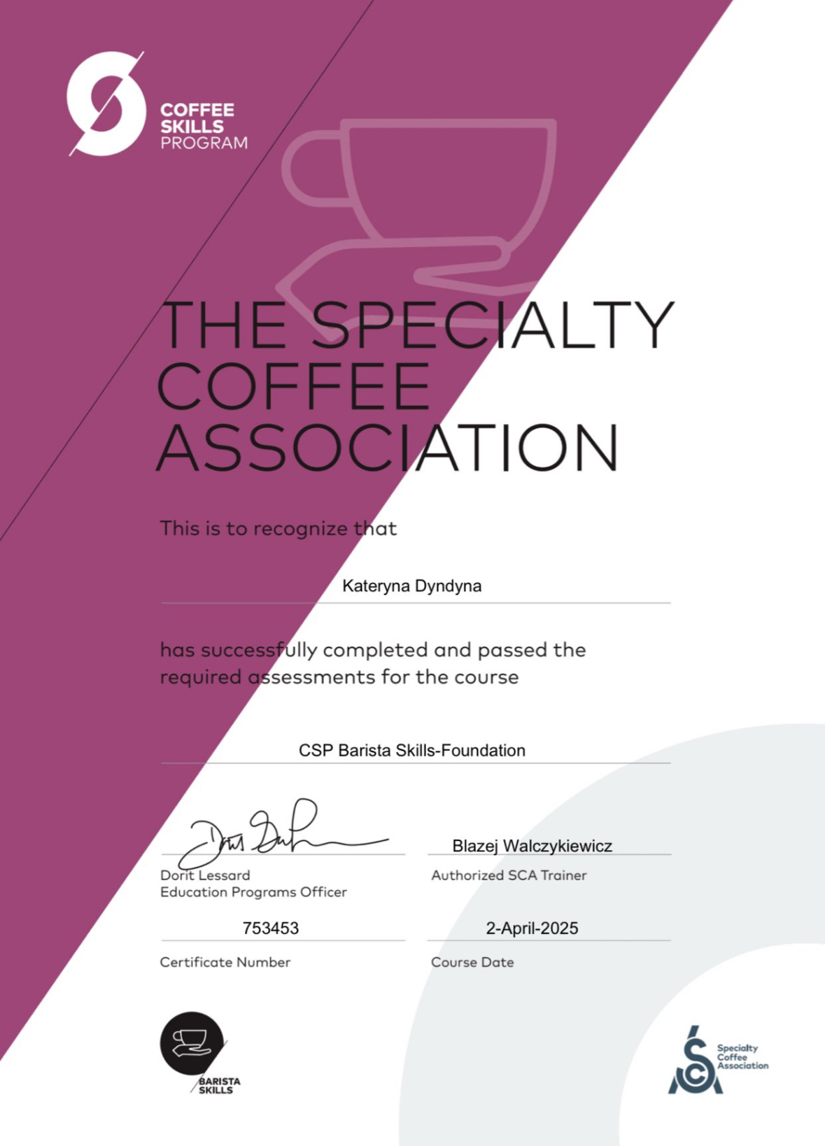 Certyfikat CSP Barista Skills-Foundation