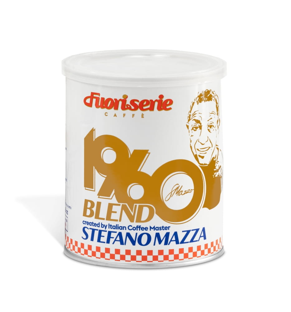 Seria 1960 Blend Kawa ziarnista 250g Fuoriserie Caffe, stworzona przez Stefano Mazza. Biała metalowa puszka z portretem.